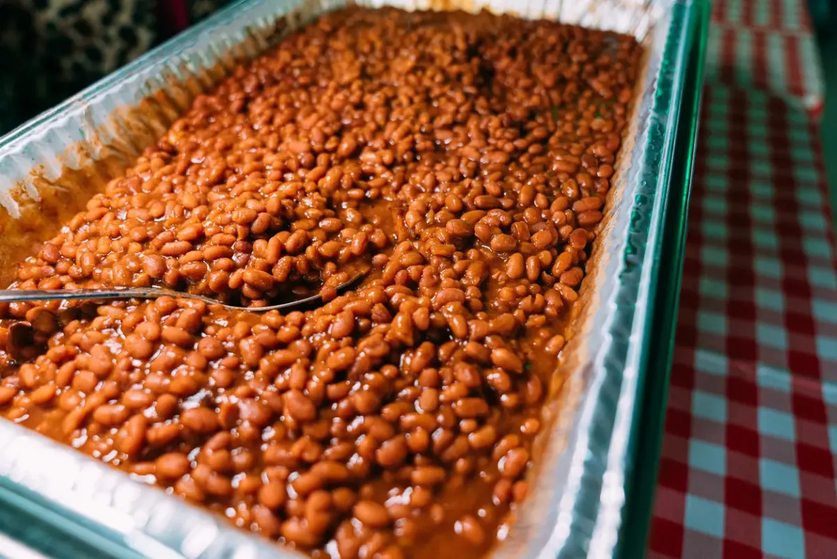 A Large Aluminum Roasting Steam Table Pan Full of Delicious Baked Beans.