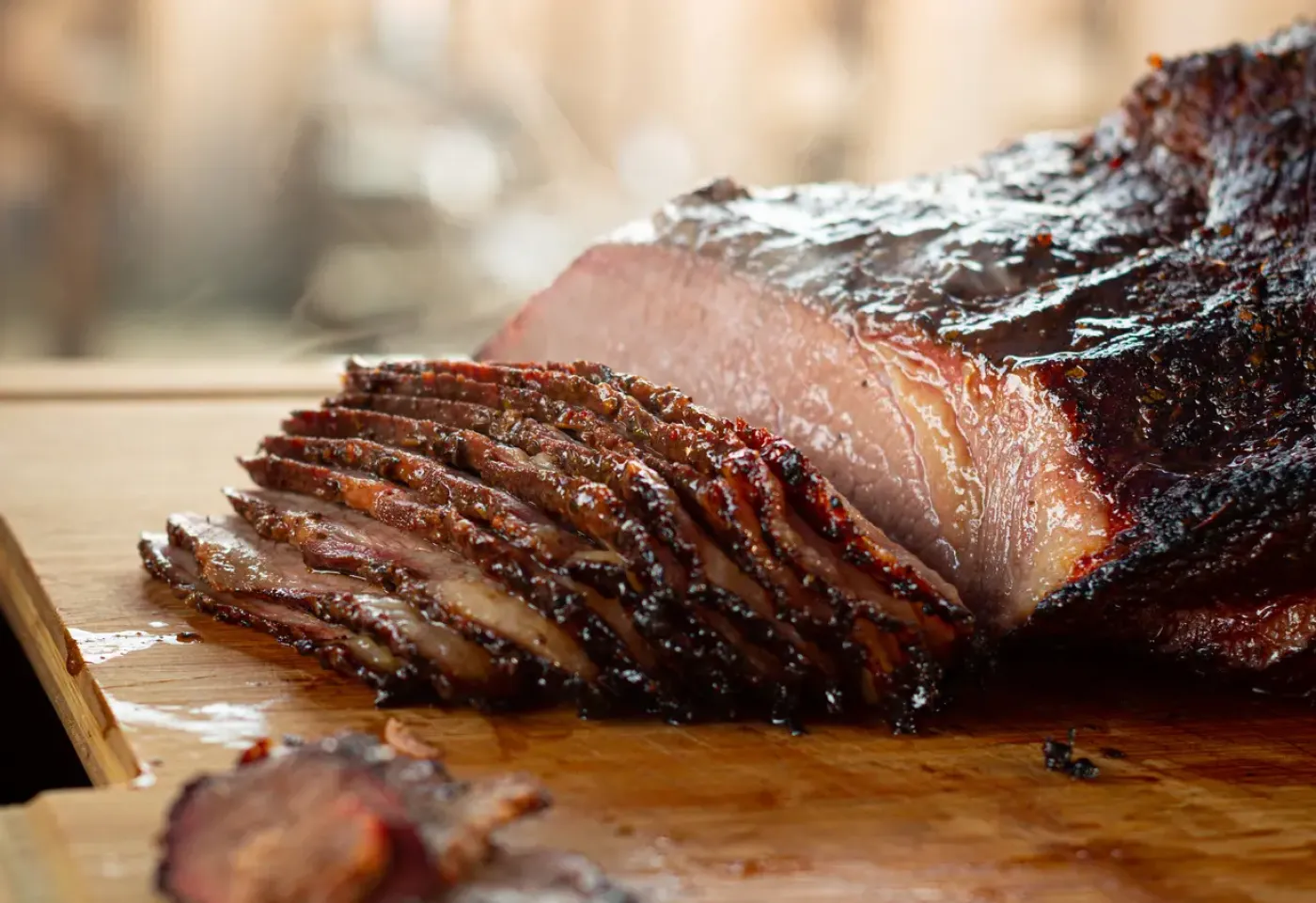 Sliced barbecue brisket. 